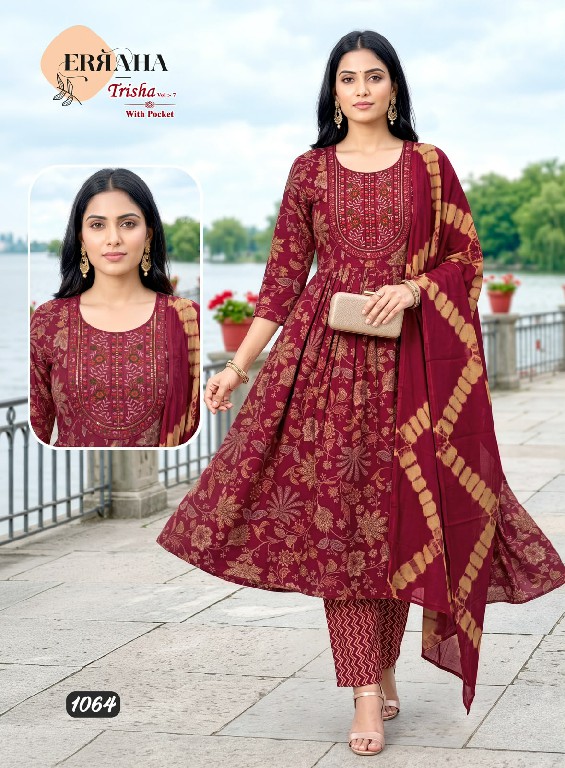 ERRAHA TRISHA VOL 7 WHOLESALE READYMADE RAYON CAPSULE UMBRELLA CUT 3 PCS SUITS EXPORTER