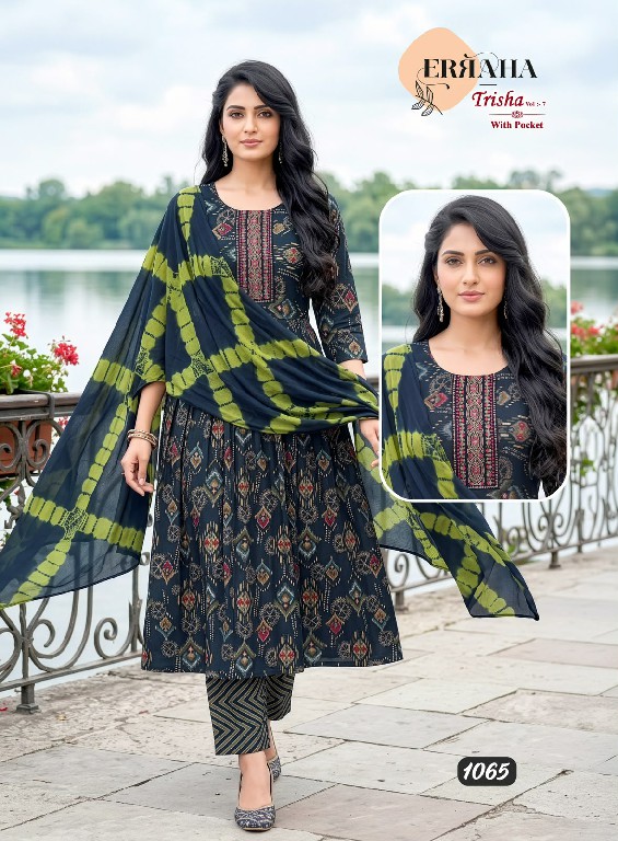 ERRAHA TRISHA VOL 7 WHOLESALE READYMADE RAYON CAPSULE UMBRELLA CUT 3 PCS SUITS EXPORTER