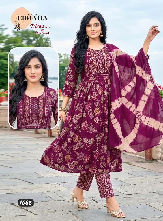 ERRAHA TRISHA VOL 7 WHOLESALE READYMADE RAYON CAPSULE UMBRELLA CUT 3 PCS SUITS EXPORTER
