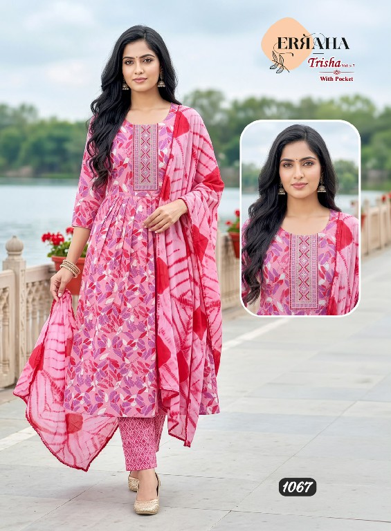 ERRAHA TRISHA VOL 7 WHOLESALE READYMADE RAYON CAPSULE UMBRELLA CUT 3 PCS SUITS EXPORTER