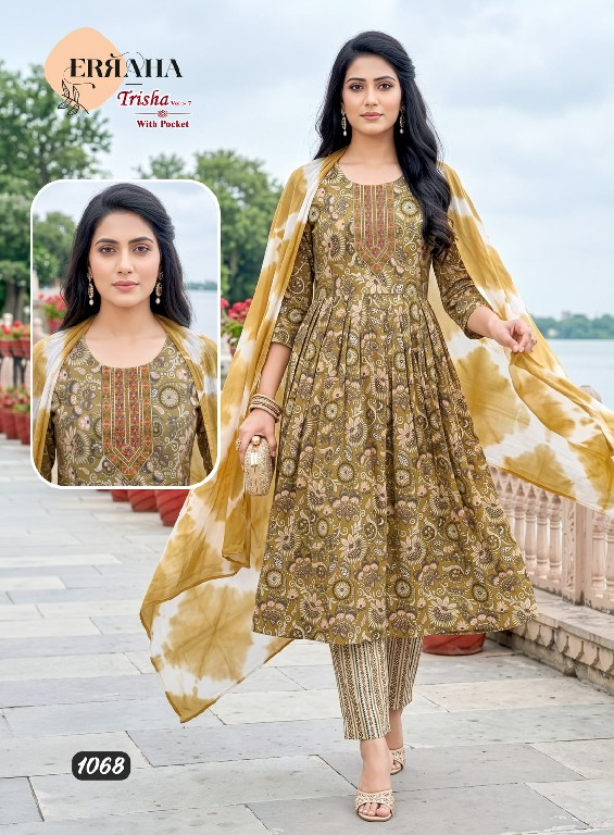 ERRAHA TRISHA VOL 7 WHOLESALE READYMADE RAYON CAPSULE UMBRELLA CUT 3 PCS SUITS EXPORTER