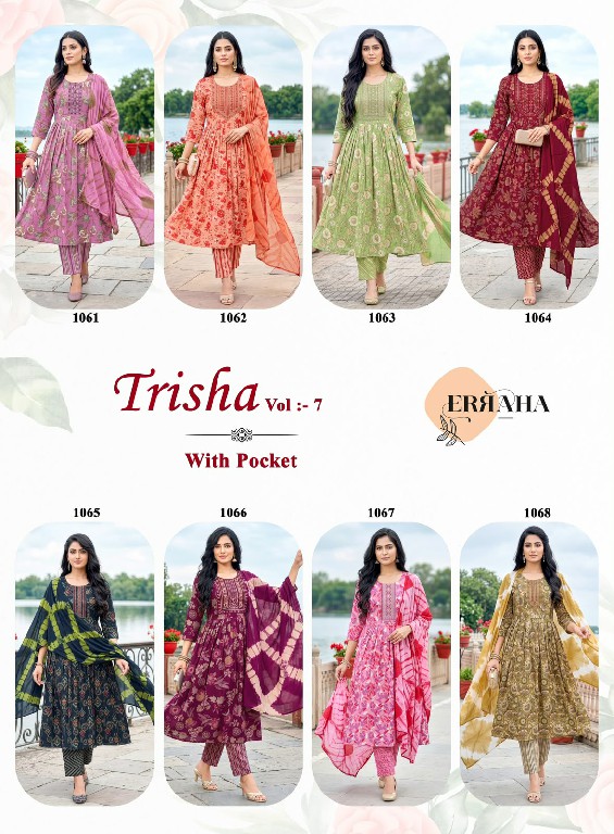 ERRAHA TRISHA VOL 7 WHOLESALE READYMADE RAYON CAPSULE UMBRELLA CUT 3 PCS SUITS EXPORTER