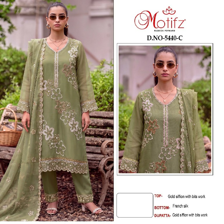 MOTIFZ D.NO 5440 WHOLESALE GOLD CHIFFON WITH WORK UNSTITCH SALWAR SUITS FOR EXPORT