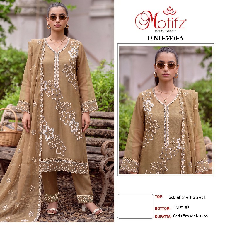 MOTIFZ D.NO 5440 WHOLESALE GOLD CHIFFON WITH WORK UNSTITCH SALWAR SUITS FOR EXPORT