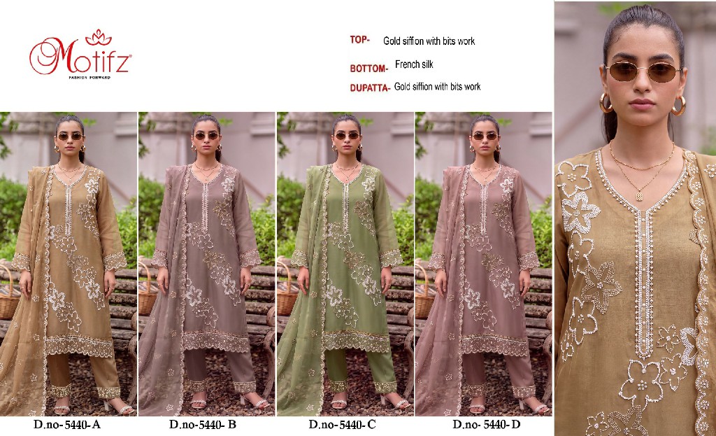 MOTIFZ D.NO 5440 WHOLESALE GOLD CHIFFON WITH WORK UNSTITCH SALWAR SUITS FOR EXPORT
