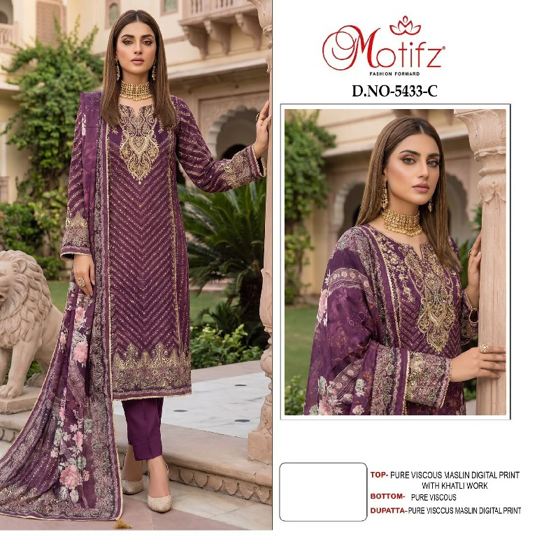 MOTIFZ D.NO 5433 WHOLESALE PURE VISCOSE MUSLIN AMAZING UNSTITCH SALWAR SUITS EXPORTER