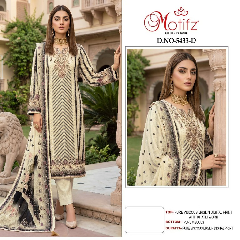 MOTIFZ D.NO 5433 WHOLESALE PURE VISCOSE MUSLIN AMAZING UNSTITCH SALWAR SUITS EXPORTER