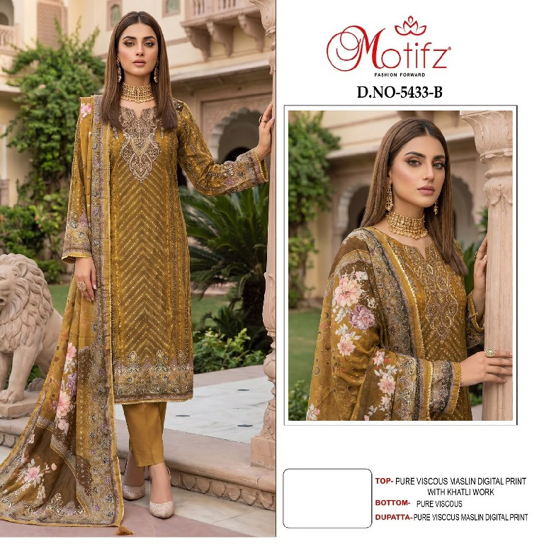 MOTIFZ D.NO 5433 WHOLESALE PURE VISCOSE MUSLIN AMAZING UNSTITCH SALWAR SUITS EXPORTER