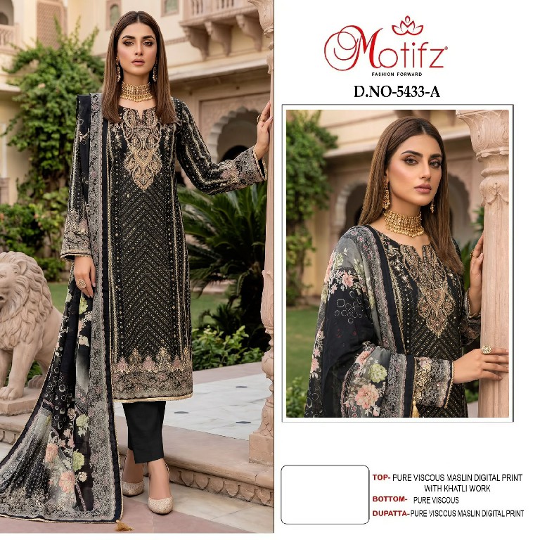 MOTIFZ D.NO 5433 WHOLESALE PURE VISCOSE MUSLIN AMAZING UNSTITCH SALWAR SUITS EXPORTER