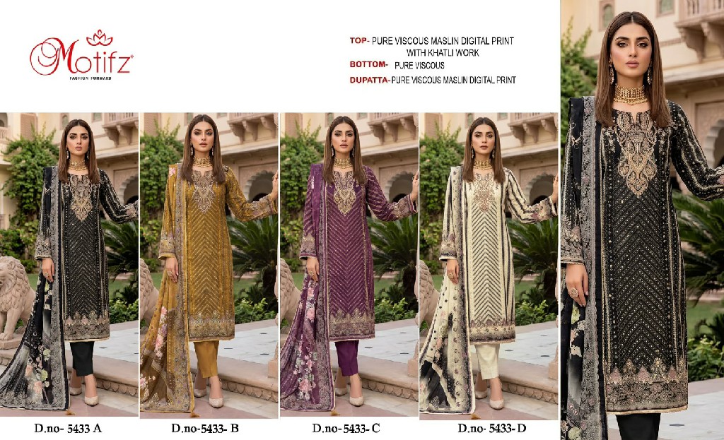 MOTIFZ D.NO 5433 WHOLESALE PURE VISCOSE MUSLIN AMAZING UNSTITCH SALWAR SUITS EXPORTER