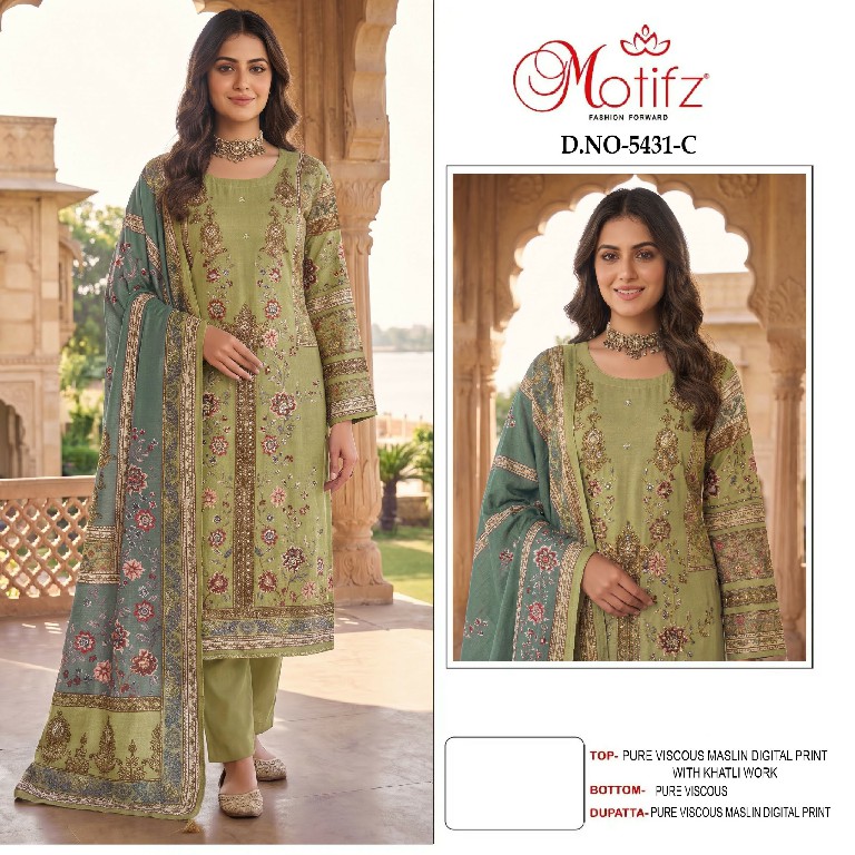 MOTIFZ D.NO 5431 WHOLESALE PURE VISCOSE MUSLIN BEAUTIFUL UNSTITCH SALWAR SUITS EXPORTER