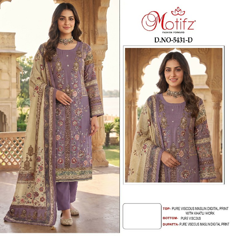 MOTIFZ D.NO 5431 WHOLESALE PURE VISCOSE MUSLIN BEAUTIFUL UNSTITCH SALWAR SUITS EXPORTER