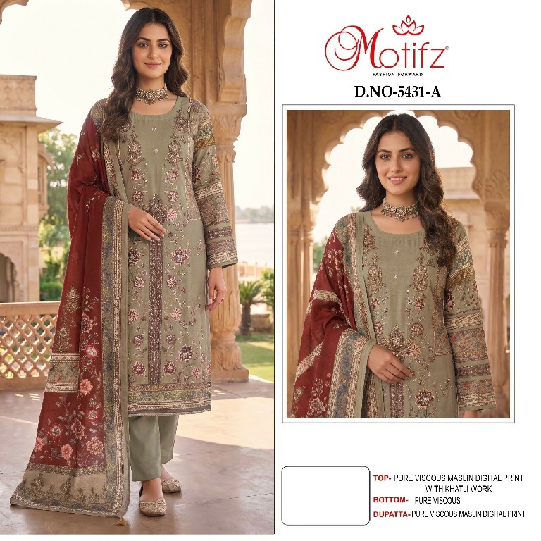 MOTIFZ D.NO 5431 WHOLESALE PURE VISCOSE MUSLIN BEAUTIFUL UNSTITCH SALWAR SUITS EXPORTER