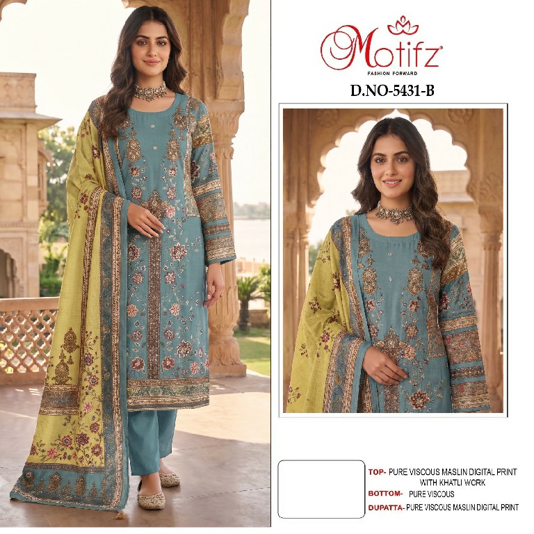 MOTIFZ D.NO 5431 WHOLESALE PURE VISCOSE MUSLIN BEAUTIFUL UNSTITCH SALWAR SUITS EXPORTER