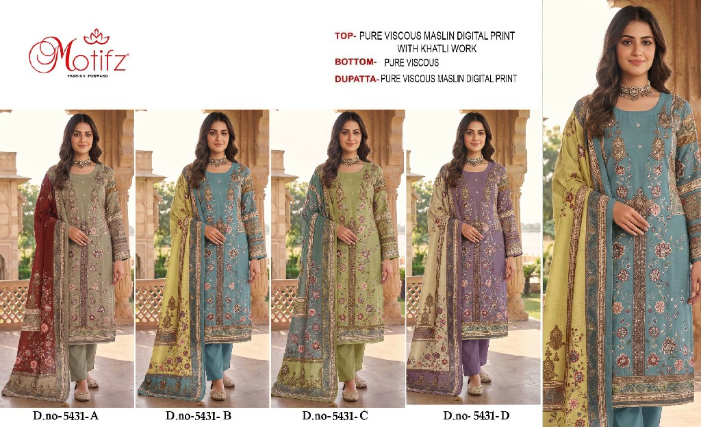 MOTIFZ D.NO 5431 WHOLESALE PURE VISCOSE MUSLIN BEAUTIFUL UNSTITCH SALWAR SUITS EXPORTER