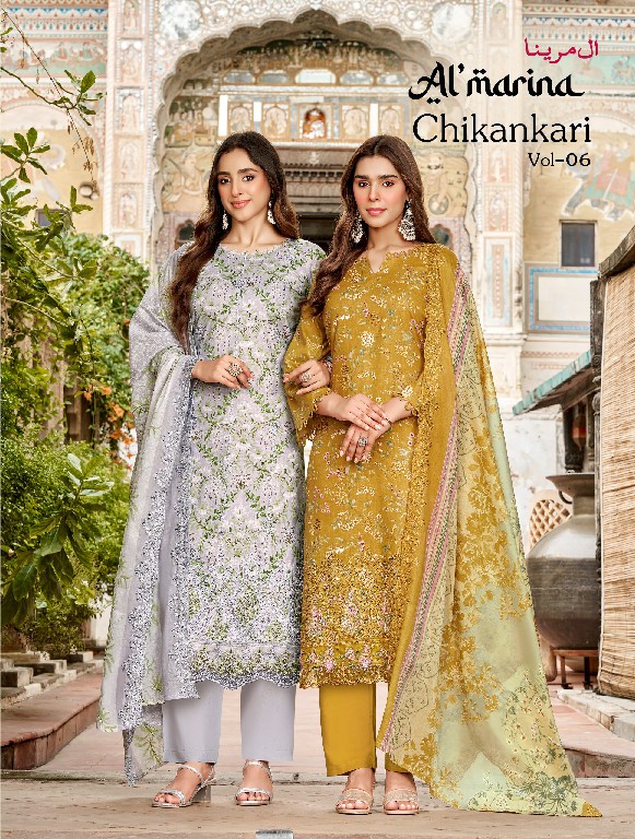 ALMARINA CHIKANKARI VOL 6 WHOLESALE PURE COTTON EXCLUSIVE HEAVY SELF WORK UNSTITCH SALWAR SUITS EXPORTER