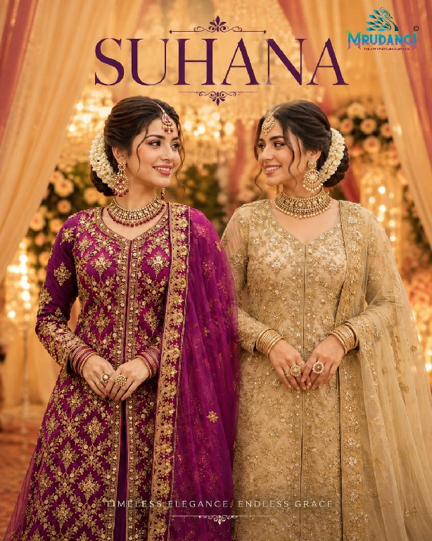 MRUDANGI SUHANA WHOLESALE READYMADE PREMIUM NET HEAVY LOOK INDO WESTERN ANARKALI LEHENGA FOR EXPORT