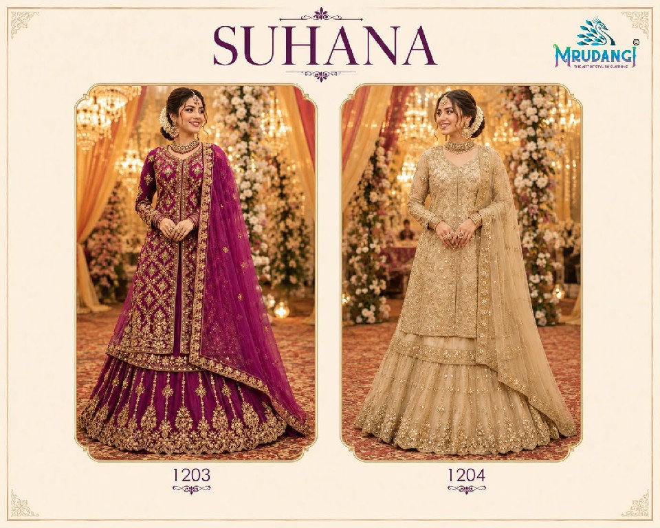 MRUDANGI SUHANA WHOLESALE READYMADE PREMIUM NET HEAVY LOOK INDO WESTERN ANARKALI LEHENGA FOR EXPORT