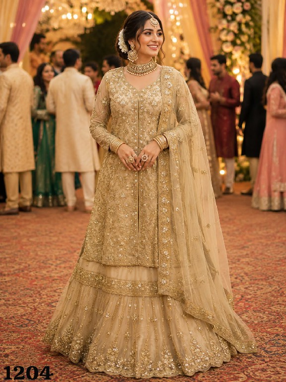 MRUDANGI SUHANA WHOLESALE READYMADE PREMIUM NET HEAVY LOOK INDO WESTERN ANARKALI LEHENGA FOR EXPORT