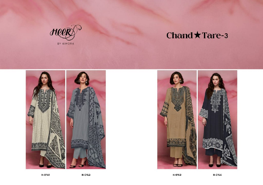 KIMORA HEER CHAND TARE VOL 3 WHOLESALE PURE MUSLIN DELICATE DESIGN UNSTITCH SALWAR SUITS EXPORTER