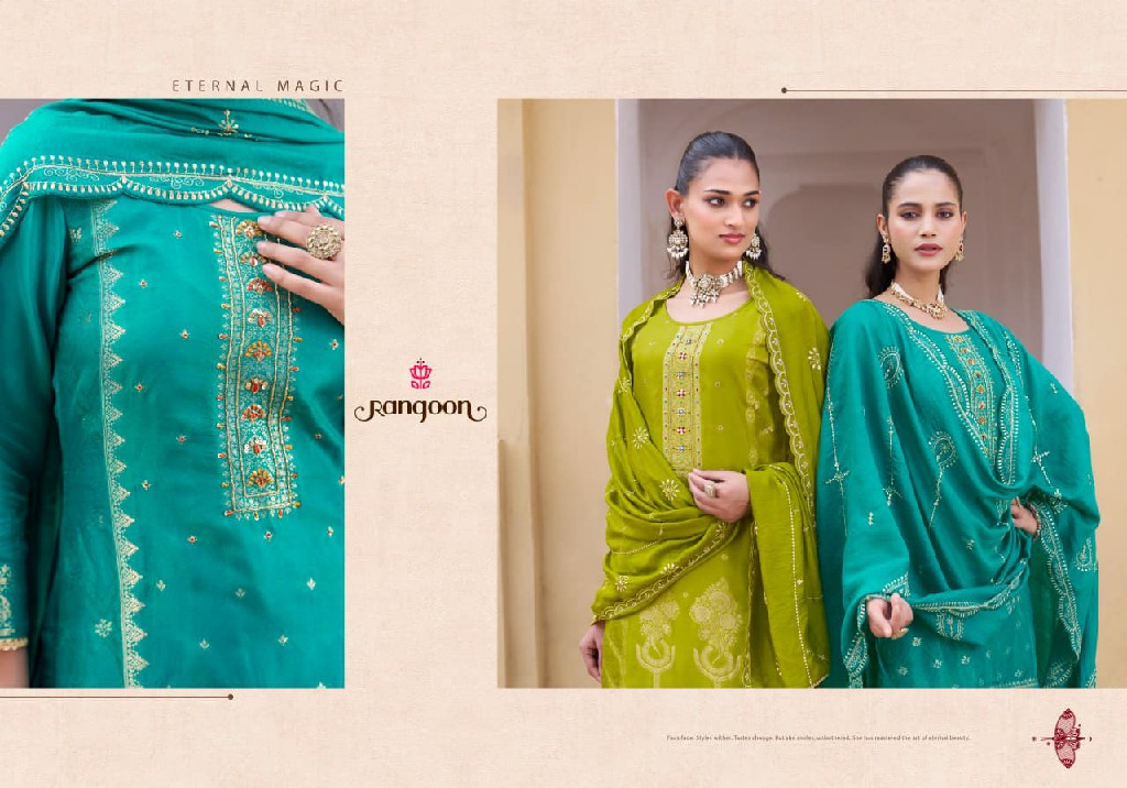RANGOON DARPAN VOL 2 WHOLESALE READYMADE DOLA RUSSIAN JACQUARD TRENDING PLAZZO STYLE 3 PCS SUITS SUPPLIER