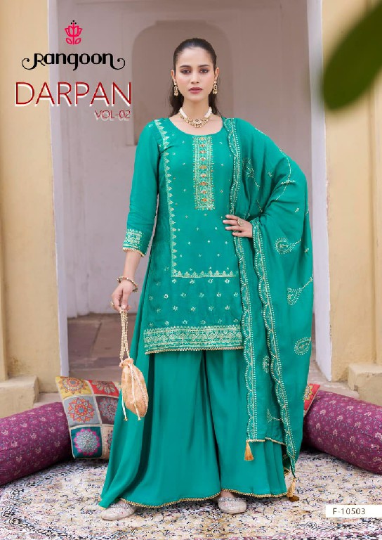 RANGOON DARPAN VOL 2 WHOLESALE READYMADE DOLA RUSSIAN JACQUARD TRENDING PLAZZO STYLE 3 PCS SUITS SUPPLIER