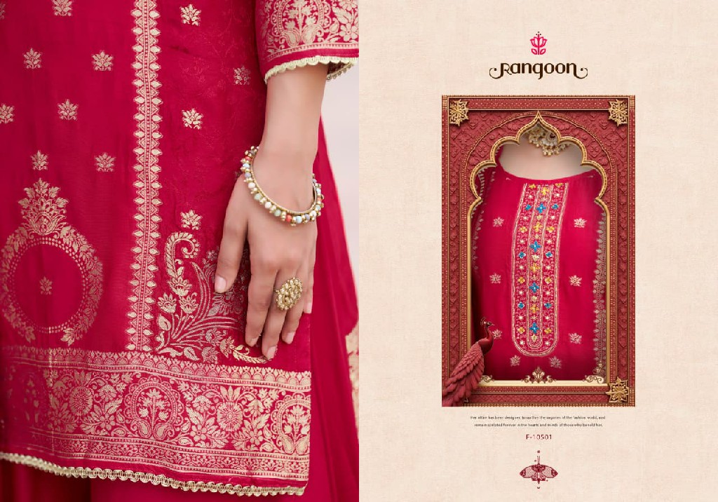 RANGOON DARPAN VOL 2 WHOLESALE READYMADE DOLA RUSSIAN JACQUARD TRENDING PLAZZO STYLE 3 PCS SUITS SUPPLIER