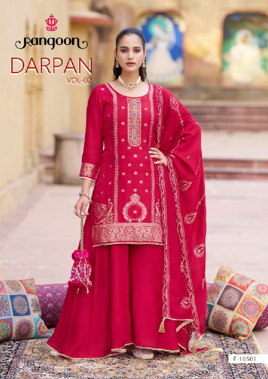 RANGOON DARPAN VOL 2 WHOLESALE READYMADE DOLA RUSSIAN JACQUARD TRENDING PLAZZO STYLE 3 PCS SUITS SUPPLIER