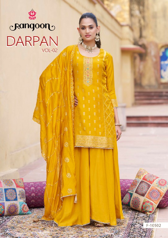 RANGOON DARPAN VOL 2 WHOLESALE READYMADE DOLA RUSSIAN JACQUARD TRENDING PLAZZO STYLE 3 PCS SUITS SUPPLIER