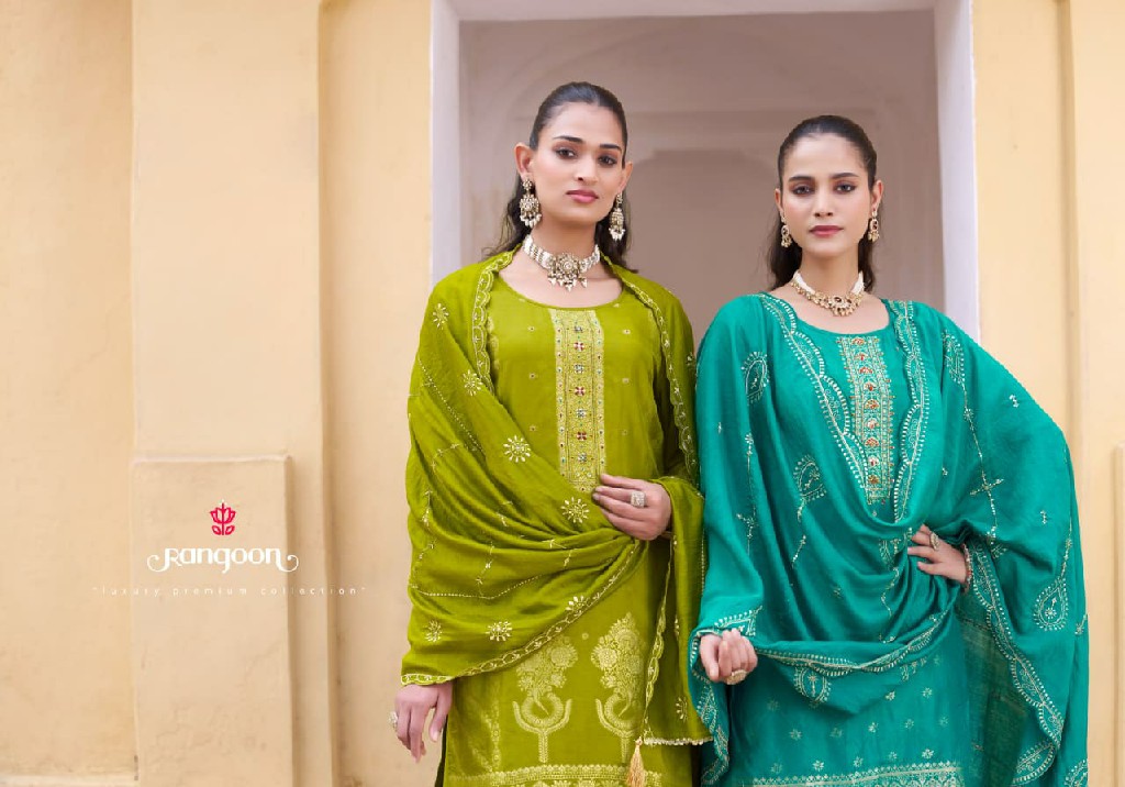 RANGOON DARPAN VOL 2 WHOLESALE READYMADE DOLA RUSSIAN JACQUARD TRENDING PLAZZO STYLE 3 PCS SUITS SUPPLIER