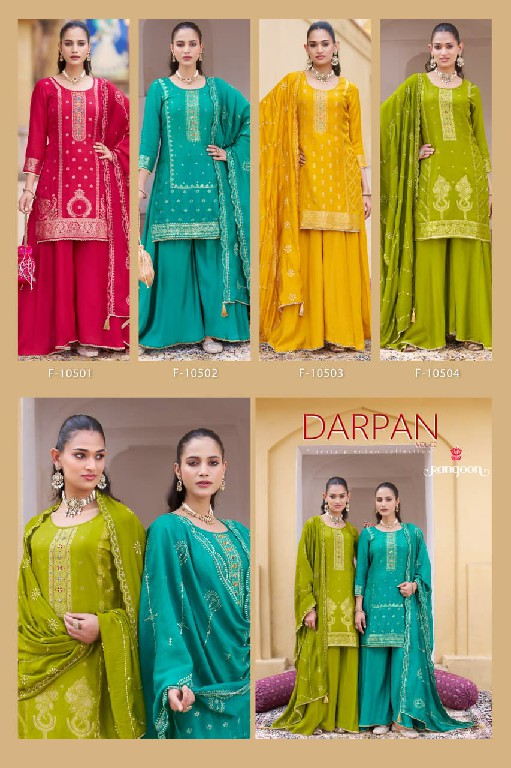 RANGOON DARPAN VOL 2 WHOLESALE READYMADE DOLA RUSSIAN JACQUARD TRENDING PLAZZO STYLE 3 PCS SUITS SUPPLIER
