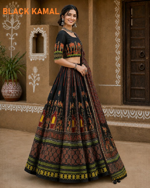 KNZ BLACK KAMAL WHOLESALE POLY COTTON RAYON BEAUTIFUL LEHENGA CHOLI FOR EXPORT