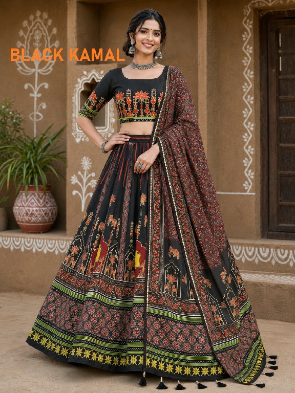 KNZ BLACK KAMAL WHOLESALE POLY COTTON RAYON BEAUTIFUL LEHENGA CHOLI FOR EXPORT
