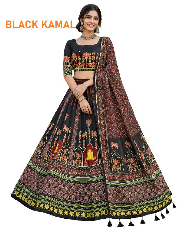 KNZ BLACK KAMAL WHOLESALE POLY COTTON RAYON BEAUTIFUL LEHENGA CHOLI FOR EXPORT