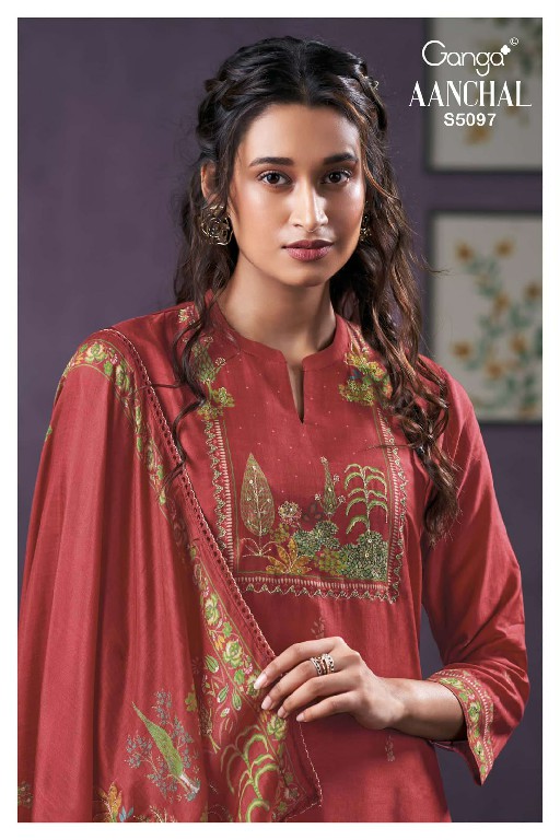 GANGA AANCHAL S5097 WHOLESALE PURE BEMBERG SILK FANCY DESIGN UNSTITCH SALWAR SUITS FOR EXPORT