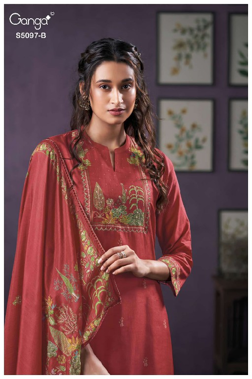 GANGA AANCHAL S5097 WHOLESALE PURE BEMBERG SILK FANCY DESIGN UNSTITCH SALWAR SUITS FOR EXPORT
