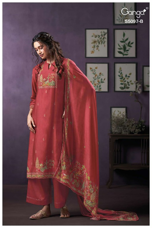 GANGA AANCHAL S5097 WHOLESALE PURE BEMBERG SILK FANCY DESIGN UNSTITCH SALWAR SUITS FOR EXPORT