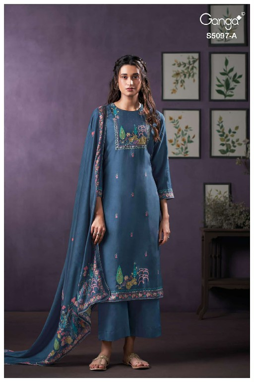 GANGA AANCHAL S5097 WHOLESALE PURE BEMBERG SILK FANCY DESIGN UNSTITCH SALWAR SUITS FOR EXPORT
