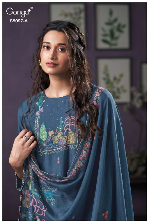 GANGA AANCHAL S5097 WHOLESALE PURE BEMBERG SILK FANCY DESIGN UNSTITCH SALWAR SUITS FOR EXPORT