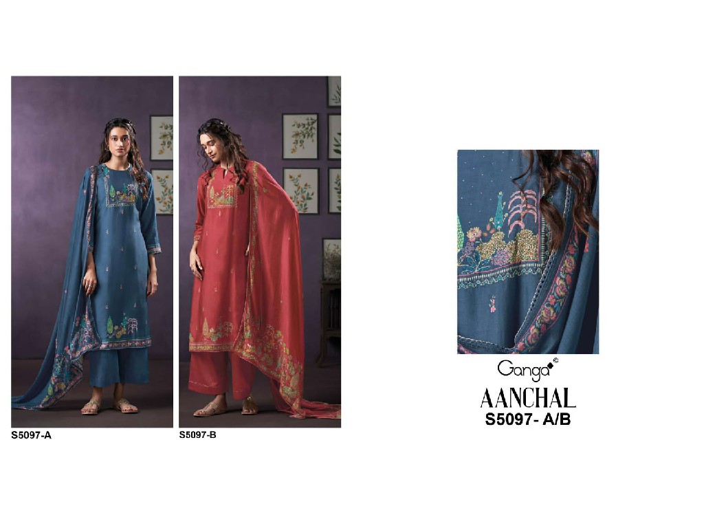 GANGA AANCHAL S5097 WHOLESALE PURE BEMBERG SILK FANCY DESIGN UNSTITCH SALWAR SUITS FOR EXPORT