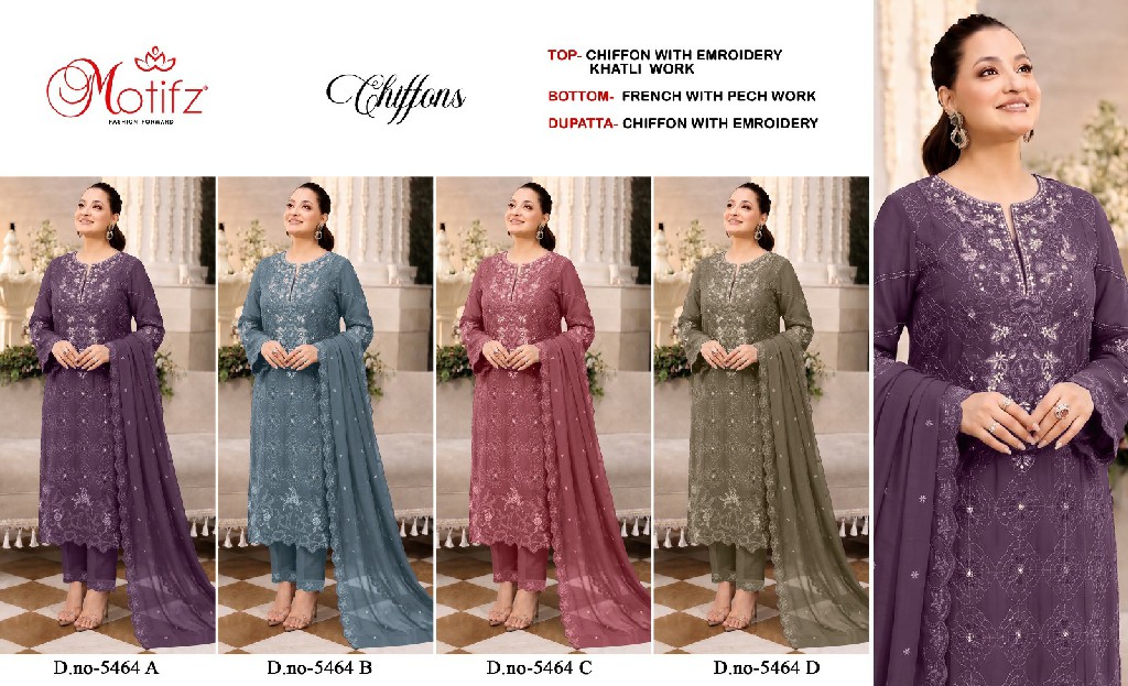 MOTIFZ D.NO 5464 WHOLESALE CHIFFON WITH WORK PAKISTANI UNSTITCH SALWAR SUITS EXPORTER