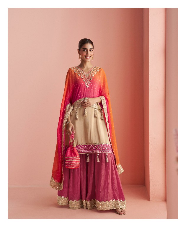 KAVERI BY SAYURI DESIGNER WHOLESALE READYMADE CHINON SILK LATEST TRENDY PAUNCHO STYLE KAFTAN WITH SHARARA FOR WOMEN ONLINE