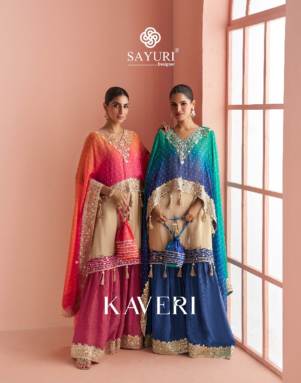 KAVERI BY SAYURI DESIGNER WHOLESALE READYMADE CHINON SILK LATEST TRENDY PAUNCHO STYLE KAFTAN WITH SHARARA FOR WOMEN ONLINE