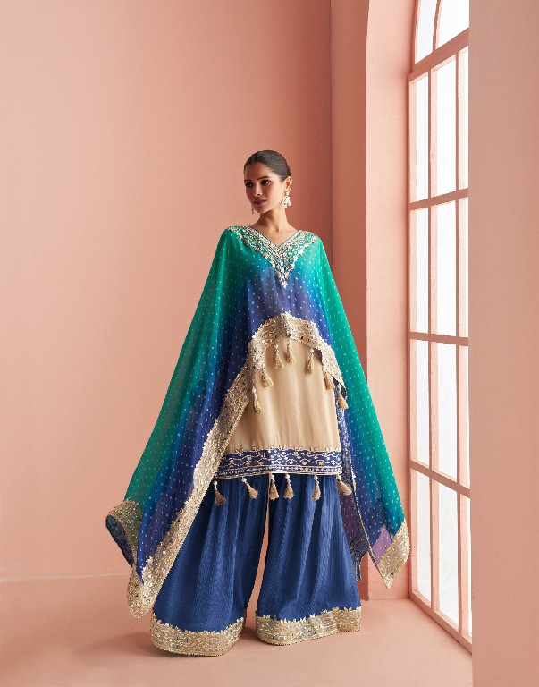 KAVERI BY SAYURI DESIGNER WHOLESALE READYMADE CHINON SILK LATEST TRENDY PAUNCHO STYLE KAFTAN WITH SHARARA FOR WOMEN ONLINE