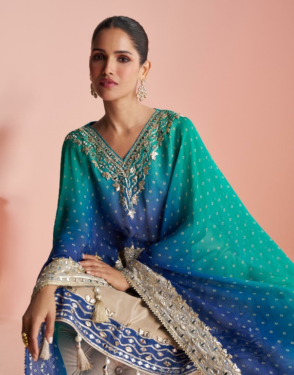 KAVERI BY SAYURI DESIGNER WHOLESALE READYMADE CHINON SILK LATEST TRENDY PAUNCHO STYLE KAFTAN WITH SHARARA FOR WOMEN ONLINE