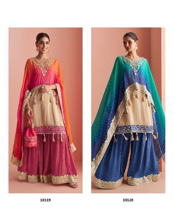 KAVERI BY SAYURI DESIGNER WHOLESALE READYMADE CHINON SILK LATEST TRENDY PAUNCHO STYLE KAFTAN WITH SHARARA FOR WOMEN ONLINE