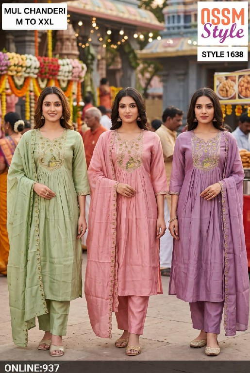 OSSM STYLE D.NO 1611-1710-1600-1594-1612-1709-1636 TO 1640 WHOLESALE READYMADE MUL CHANDERI FESTIVE WEAR 3 PCS COMBO SET SUITS EXPORTER