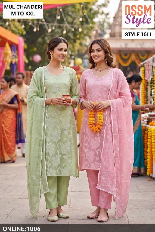 OSSM STYLE D.NO 1611-1710-1600-1594-1612-1709-1636 TO 1640 WHOLESALE READYMADE MUL CHANDERI FESTIVE WEAR 3 PCS COMBO SET SUITS EXPORTER