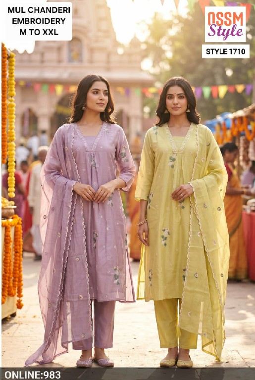 OSSM STYLE D.NO 1611-1710-1600-1594-1612-1709-1636 TO 1640 WHOLESALE READYMADE MUL CHANDERI FESTIVE WEAR 3 PCS COMBO SET SUITS EXPORTER