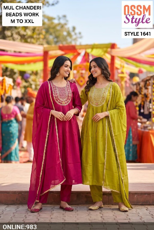 OSSM STYLE D.NO 1611-1710-1600-1594-1612-1709-1636 TO 1640 WHOLESALE READYMADE MUL CHANDERI FESTIVE WEAR 3 PCS COMBO SET SUITS EXPORTER